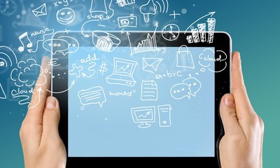 Tablet, hand, phone.