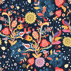Fototapeta na wymiar Bright floral pattern with birds