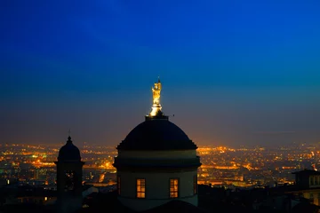 Verduisterende rolgordijnen zonder boren Artistiek monument Bergamo città alta, di notte, panorama bergamo piazza, fontana 