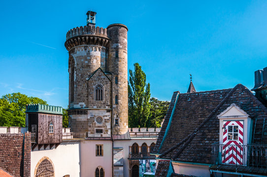 Tower and roofs of Franzensburg castle in Laxenburg, Austria