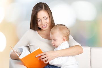 Mother, book, toddler.