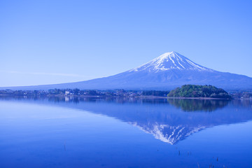 Mountain Fuji with reflection at Lake Kawaguchiko in spring 
