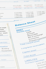 Fototapeta na wymiar Balance sheet in stockholder report book, document is mock-up
