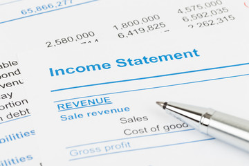 Income statement in stockholder report book; document are mock-u