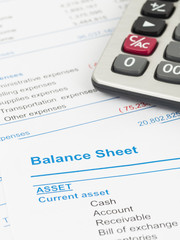 Balance sheet report with calculator; document is mock-up