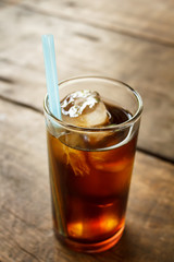 Soft drink on wood table.