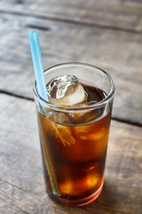 Soft drink on wood table.