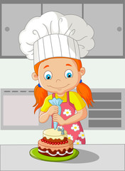 Cartoon little girl cooking cake 