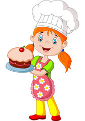 Cartoon little girl holding cake