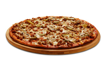 Bolognese pizza with cornichon and champignons. On white backgro