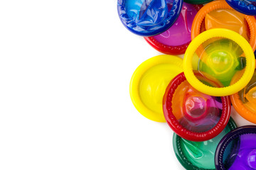 colorful condom on white background - obrazy, fototapety, plakaty
