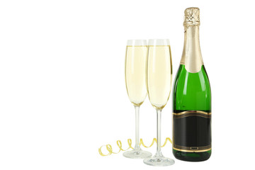 Glasses of champagne with bottle on a white background