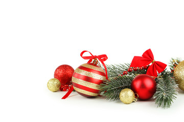Branch of Christmas tree with balls isolated on white