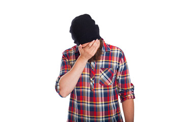 Man doing facepalm or cover his face with palm