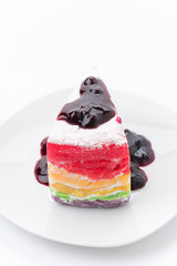 Rainbow crepe cake with blueberry jam