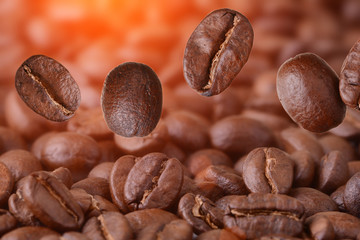 Closeup of flying coffee beans