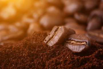 Closeup of flying coffee beans