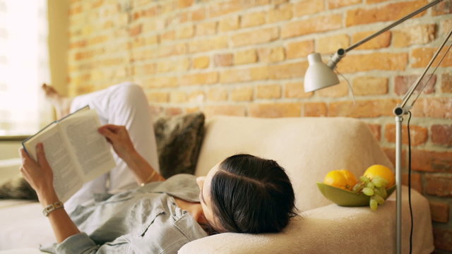 Woman reading book on the sofa and smiling to the camera
