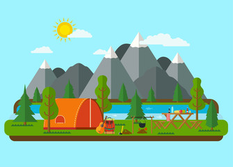 Summer landscapes. Picnic barbecue with tent in mountains near a