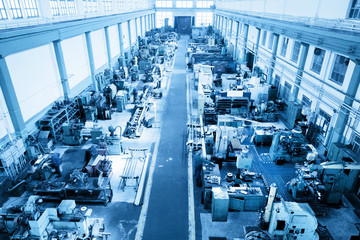 Heavy industry workshop, factory. CNC machines. Aerial view.