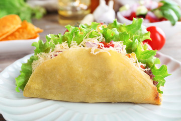 Tasty taco on plate close up