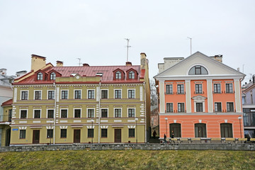 Fototapeta premium Golden Embankment -residential area in historical place in Pskov at the Pskova river