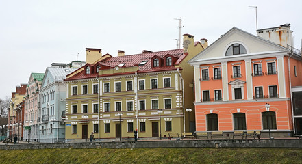 Fototapeta na wymiar Golden Embankment -residential area in historical place in Pskov at the Pskova river