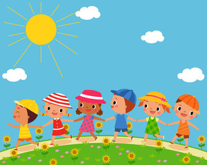 Obraz na płótnie Canvas illustration of group of children walking together hand in hand on a beautiful summer day