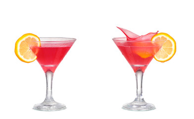 Fresh pink cocktail, lemon isolated on white background splash