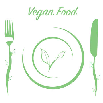 Vegan food green logo elements - Fork, knife and plate logo 