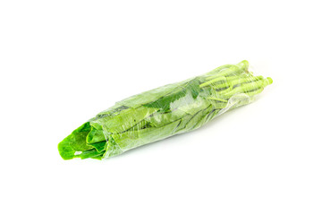 fresh chinese kale vegetables wrapped in plastic film isolated