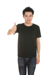 man in blank t-shirt with thumbs up