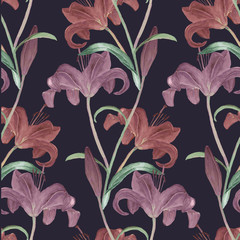 Watercolor seamless pattern with lily flowers
