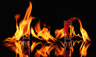 Fototapeta premium Hot chili pepper in a shot glass with a fire on a black backgro