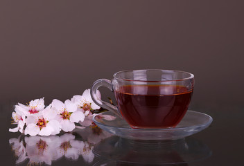 Obraz na płótnie Canvas cup of tea and cherry branch