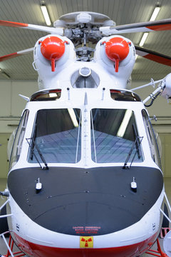 Emergency helicopter standing in the hangar.