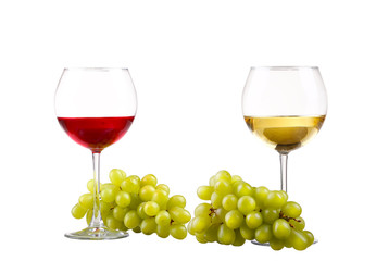glasses of wine and ripe grapes isolated on white