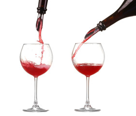 collage red wine pouring into wine glass isolated