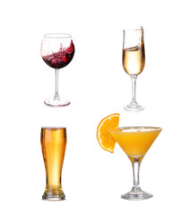 Collage of alcohol drinks. isolated on white