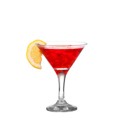 Cocktail with splash and lime slice isolated on white