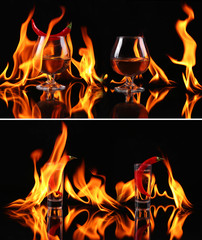 collage Hot chili pepper in a  Brandy glass with a fire on a black background