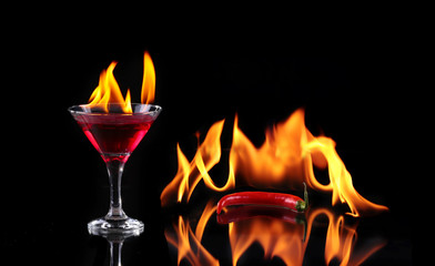 collage Flaming cocktail over black