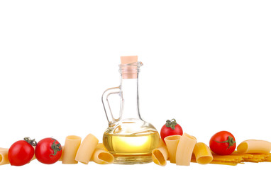 Ingredients for pasta. Spaghetti,cherie,chili, oil, garlic isolated on white