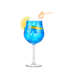 Sprite drinks whit sparkllng soda and ice in glass isolated on white