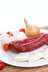 Sausages with Danish blue cheese and vegetable