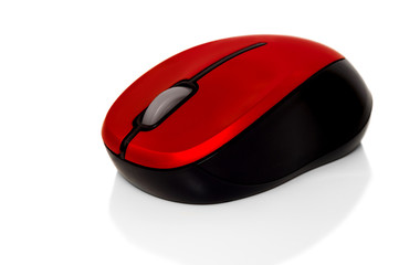 Red computing to wireless mouse on a white background