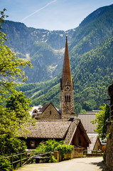 Hallstatt. Church and mountains.