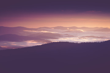 Beautiful foggy morning  in the mountains.