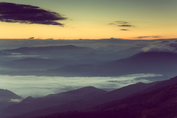 Obraz premium Beautiful foggy morning in the mountains.