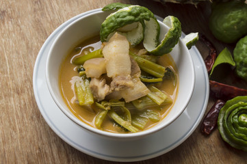 Pork curry with water spinach (Tae-pho soup) still life